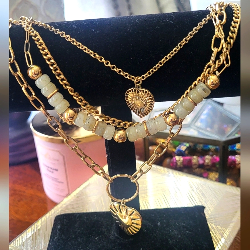 Gold Layered Necklace with Heart Pendant - Picture 2 of 5